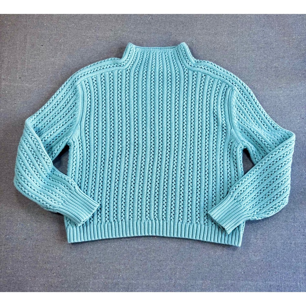 Ann Taylor Aqua Blue Shaker Stitch Mock Neck Sweater Women Small Cotton Blend